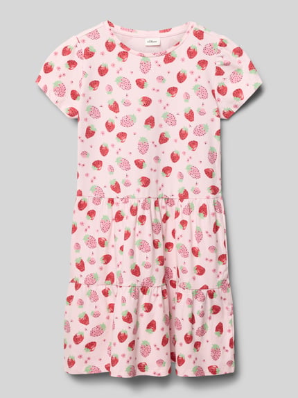 Produktfoto, lichtroze Leicht ausgestelltes Freizeitkleid aus Baumwoll-Mix van s.Oliver RED LABEL met aardbeienprint, kortemouw, ronde hals, licht uitlopend fit, katoenmix textuur