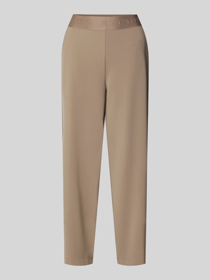 Produktfoto, Stoffen broek in verkorte pasvorm Model 'ELENA' van Cambio, materiaalmix, los model, elastische band met logo, steekzakken, achterzakken, kleur beige.