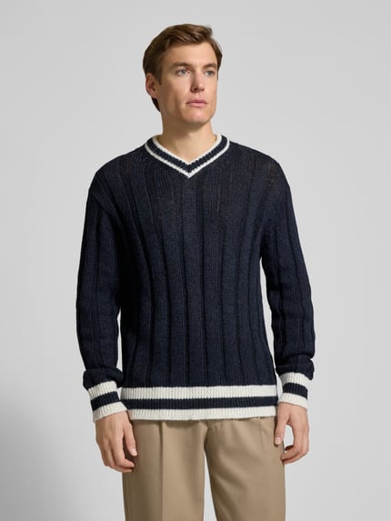 Selected Sweter o kroju relaxed fit z dzianiny z dodatkiem wełny model ‘ROY’ Ciemnoniebieski 4