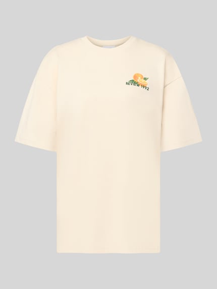 Productfoto, T-Shirt met rugzijde motiefprint van REVIEW, oversized fit, zuiver katoen, ronde hals, lichtbeige kleur, enkel front zichtbaar