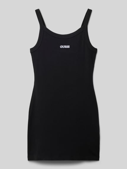 Produktfoto, Kleid mit Spaghettiträgern und Logo-Stitching von Guess in Schwarz, körpernaher Schnitt, Feinripp-Textur, Rundhalsausschnitt, Minilänge, Viskose-Mix mit Stretch-Anteil