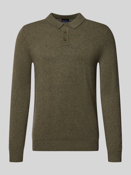 Produktfoto, Slim Fit Strickpullover aus reinem Kaschmir mit Polokragen von Christian Berg Men, olivgrün, gerippte Abschlüsse, Strick-Optik