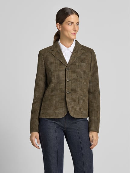 Frauenmodel trägt Regular Fit Longblazer aus Baumwoll-Woll-Mix von Polo Ralph Lauren in Braun mit Karomuster, Ganzkörperansicht von vorne, Damen Longblazer von Polo Ralph Lauren.