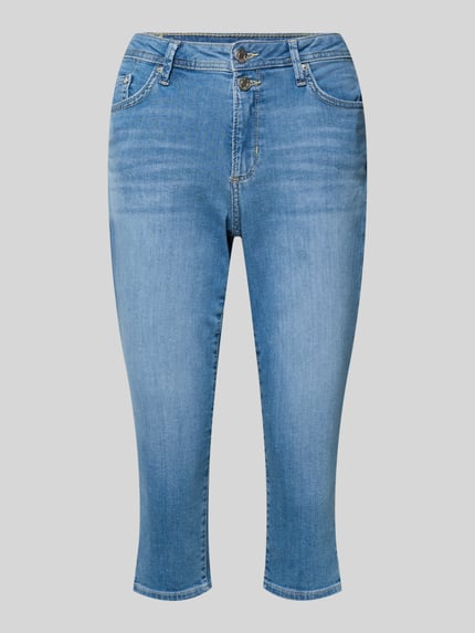 Produktfoto, Slim Fit Caprijeans aus Baumwoll-Mix Modell 'BETSY' von s.Oliver RED LABEL in mittlerem Denimblau, 7/8-Länge mit Seitenschlitz, sichtbare Knöpfe, 5-Pocket-Design, strukturierte Jeans-Oberfläche