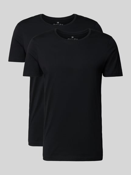 Productfoto, T-Shirt met ronde hals in 2-pack van Christian Berg Men, zwart, slim fit, zuiver katoen, op effen grijze achtergrond.