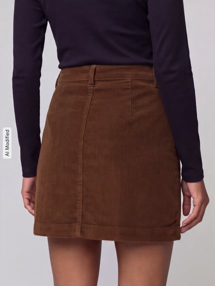 Vrouwenmodel draagt Eng anliegender Mini-Rock aus Baumwoll-Mix Modell 'AMAZING' van ONLY, Dames mini rok, bruin met ribstructuur, Ganzkörperansicht Rückansicht, KI-modifiziertes Bild.