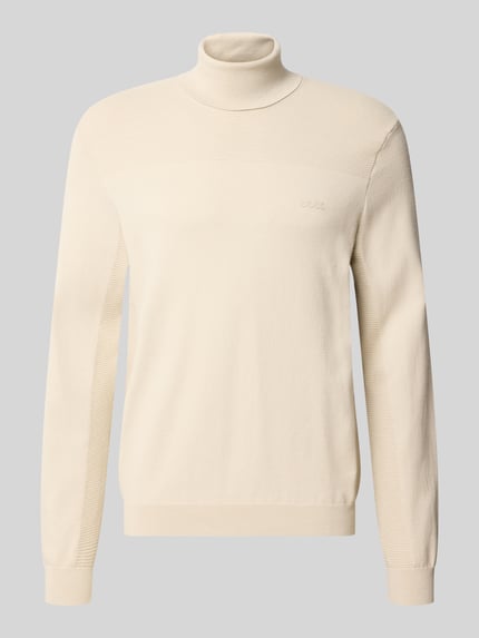 Produktfoto, Regular Fit Rollkragenpullover aus Woll-Mix von BOSS in unifarbener Strickoptik mit Struktur, langarm, gerippte Abschlüsse, Logo-Schriftzug.