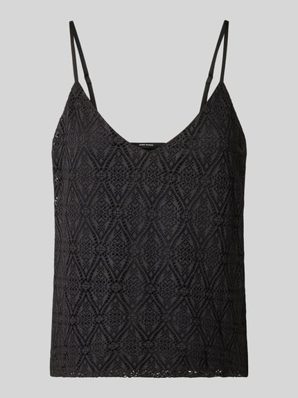 Produktfoto, Regular Fit Top mit Spitze Modell 'MAYA' von Vero Moda, Schwarz, Optik: Unifarben, Spitze-Details, V-Ausschnitt, Trägerform: verstellbare Spaghettiträger, strukturierte Oberfläche
