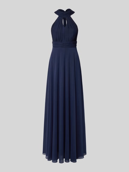 Produktfoto, Abendkleid mit rückseitiger Schnürung von TROYDEN COLLECTION in Dunkelblau, Chiffon, taillierter Schnitt, Maxikleid, Neckholder