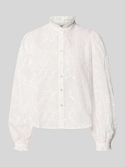 Produktfoto, Bluse aus reiner Baumwolle mit Stehkragen Modell 'ROMA' von MANGO, weiß, Stickerei, Ballonärmel, gerade Passform, glatte Struktur