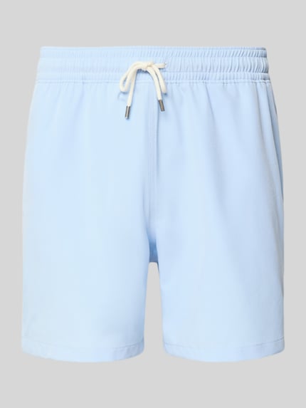 Produktfoto, lichtblauwe Badehose mit elastischem Bund van Polo Ralph Lauren Underwear, stretch materiaal, losse pasvorm, zakken, tunnelkoord.