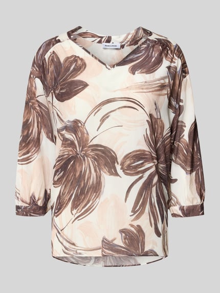 Produktfoto, Relaxed Fit Bluse aus Viskose-Mix mit floralem allover-print von MORE, mix van viscose en katoen, dames blouse, V-hals, 3/4-mouw, beige en bruin met grote bloemenprint, ruglengte maat 36: 65 cm, mouwlengte maat 36: 37 cm