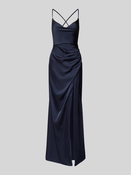Produktfoto, Abendkleid aus Satin mit Gehschlitz von Laona, figurbetonter Schnitt, Maxikleid, dunkles Blau, glatte Textur, Raffungen