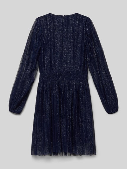 Produktfoto, Knielanges Kleid mit Rundhalsausschnitt von DANAMADE, taliowany krój, długość do kolan, okrągły dekolt, detale ze smokowaniem, dekolt typu łezka, długość pleców w rozmiarze 140: 81 cm, długość rękawa w rozmiarze 140: 61 cm, granatowy kolor, delikatna błyszcząca tekstura