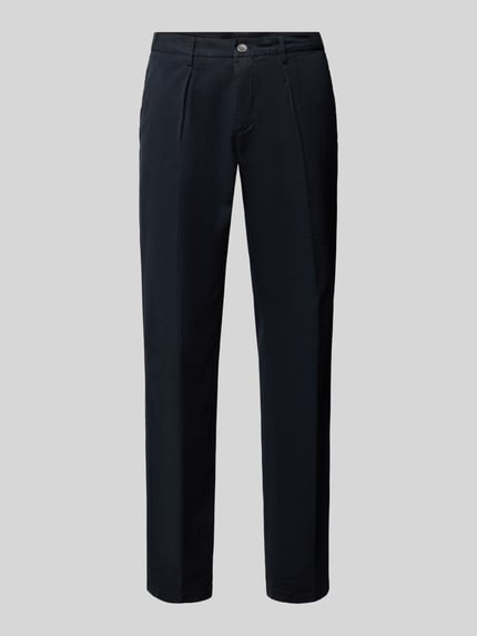Produktfoto, Hose mit Bügelfalten und Gesäßtaschen von Profuomo aus Baumwoll-Elasthan-Mix in Dunkelblau, Relaxed Fit, glatte Oberfläche