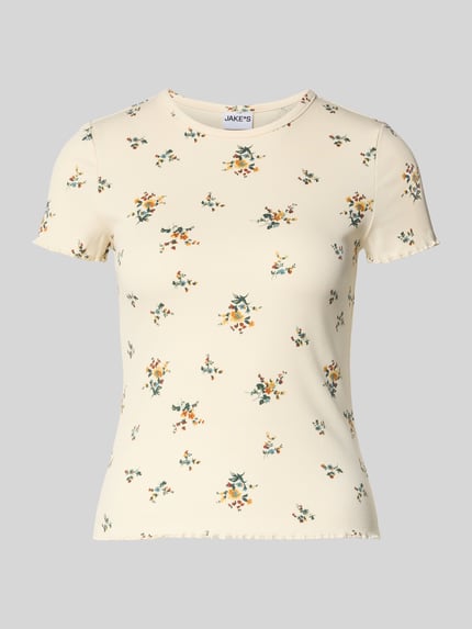 Produktfoto, Regular Fit T-Shirt mit floralem Allover-Print von Jake*s Casual aus elastischem Baumwoll-Mix, cremefarben, feine Struktur