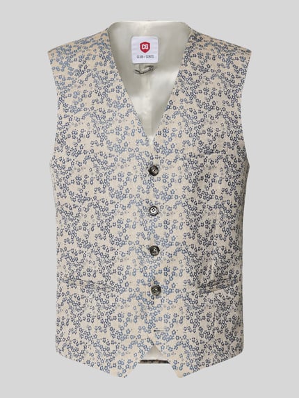 Produktfoto, Regular Fit Weste mit floralem Allover-Stitching von CG - Club of Gents, cremefarbene Basis mit blauem Blumenmuster, Material-Mix mit Baumwoll-Anteil, paspelierte Taschen und Knopfleiste, feine Struktur.