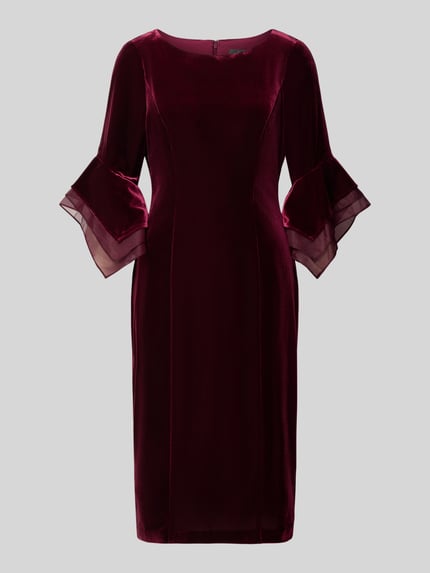 Produktfoto, Abendkleid aus Samt mit Rundhalsausschnitt von Adrianna Papell in dunklem Rot, Stretch-Material, taillierte Passform, Rückseitiger Reißverschluss, transparente Volantärmel, Material-Mix, mittellange Länge, Glanzoptik