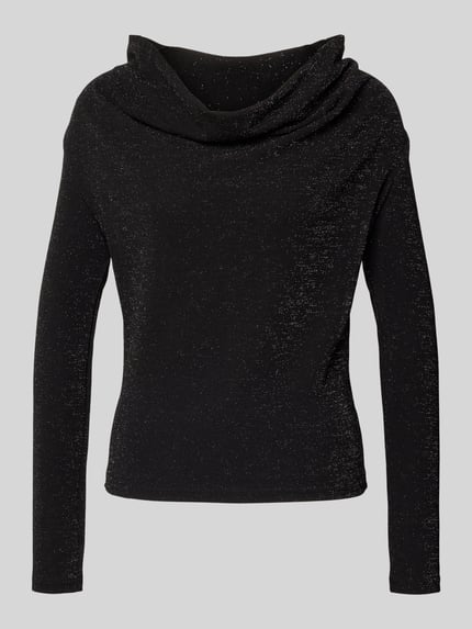 Produktfoto, Regular Fit Langarmshirt mit Wasserfall-Ausschnitt Modell 'SANDRA' von Selected Femme, schwarzes schimmerndes Stretch-Webmaterial