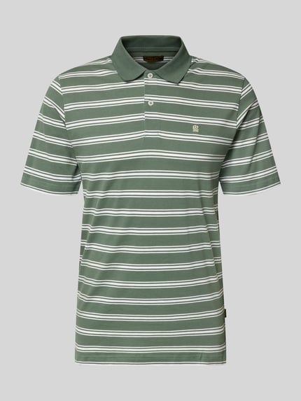 Produktfoto, Regular Fit Poloshirt mit Logo-Stitching Modell 'Adam' von Jack & Jones Premium mit grün-weißen Streifen, reine Baumwolle, krój regular fit, krótkie rękawy, kołnierzyk polo, długość tyłu w rozmiarze M: 70 cm
