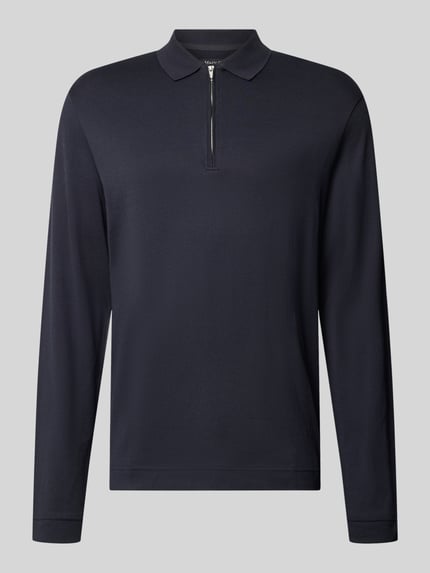 Produktfoto, Poloshirt mit Reißverschluss-Detail von MARC O'POLO in dunkelblau, Melange-Optik, strukturierte Piqué-Textur, Polokragen, hochgeschlossen, Langarm mit Rippbündchen