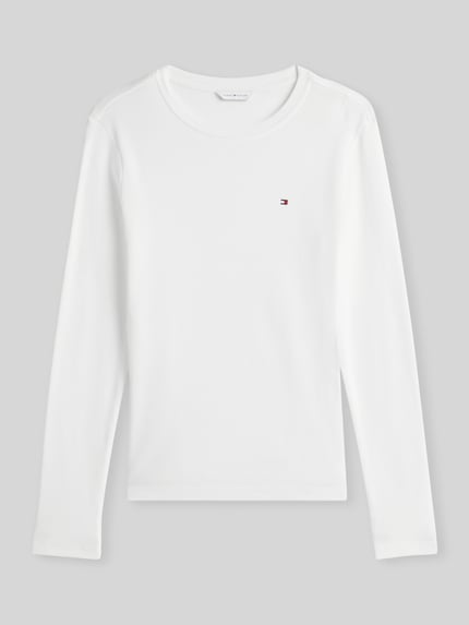 Produktfoto, Slim Fit Langarmshirt aus reiner Baumwolle von Tommy Hilfiger in Weiß, glatte Struktur, Damen Langarmshirt von Tommy Hilfiger