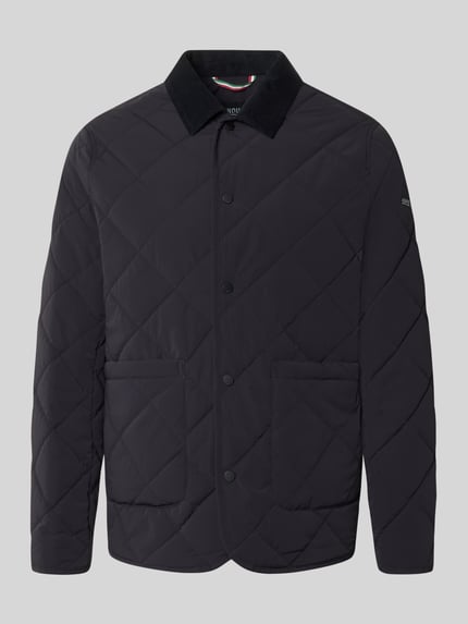 Productfoto, Regular Fit Jacke in Stepp-Optik Modell 'Rapid' van CINQUE in donkerblauw elastische materiaalmix met opgestikte zakken, platte kraag en knoopsluiting, Heren jack, Ruglengte maat M 73 cm, schouderbreedte 45 cm, borstwijdte 56 cm, mouwlengte 67 cm