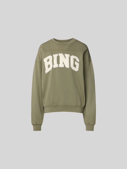 Produktfoto, Oversized Sweatshirt aus Baumwolle von Anine Bing w kolorze khaki, krój oversized, okrągły dekolt, detal z logo, elastyczne wykończenia, długość tyłu w rozmiarze S: 61 cm