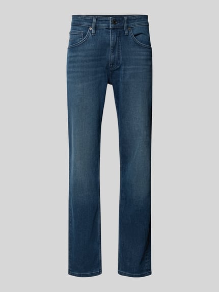 Produktfoto, niebieskie jeansy o prostym kroju, widoczne delikatne przetarcia, Tapered Fit Jeans aus Baumwol-Mix von s.Oliver RED LABEL