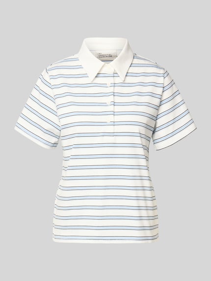 Produktfoto, Poloshirt mit kurzer Knopfleiste Modell 'Asla' von My Essential Wardrobe aus Baumwoll-Mix, weiß mit blauen und schwarzen Streifen, körpernahe Passform, strukturierte Textur, Polokragen, Damen-Poloshirt