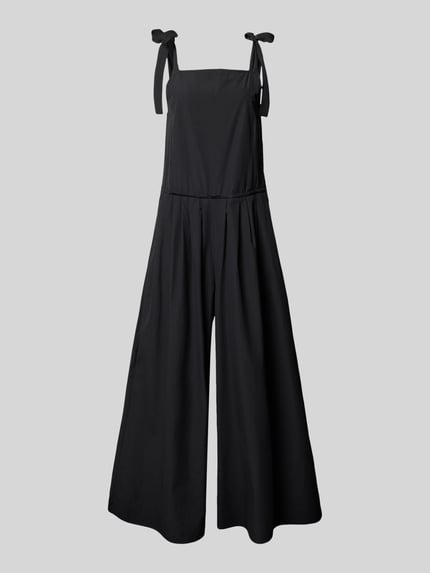 Produktfoto, schwarzer Loose Fit Jumpsuit aus reiner Baumwolle Modell 'AGGUATI' von Weekend Max Mara, unifarben, A-Linie, Neckholder mit Schleifenband, seitliche Eingrifftaschen, verdeckter Reißverschluss, hochgeschlossen, glatte, weiche Textur.