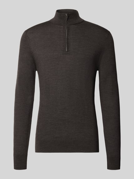 Produktfoto, Slim Fit Strickpullover aus reiner Wolle mit Troyer-Kragen von Profuomo w jednokolorowym designie, tył: 70 cm, rękawy: 65 cm, krój slim fit, czysta wełna
