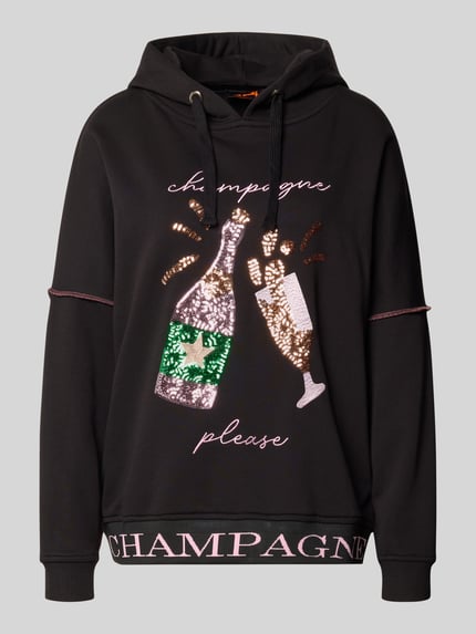 Produktfoto, Hoodie aus reiner Baumwolle von miss goodlife in Schwarz mit Pailletten-Besatz, lockerer Passform, elastischen Abschlüssen