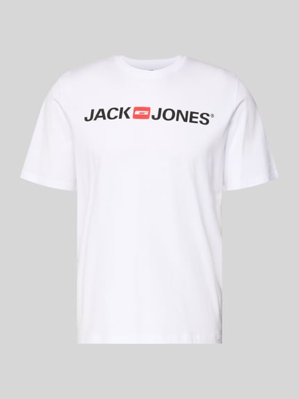 Produktfoto, T-Shirt mit Label-Print Modell 'CORP' von JACK & JONES w białym kolorze, prosty krój, bio-bawełna z wiskozą, okrągły dekolt