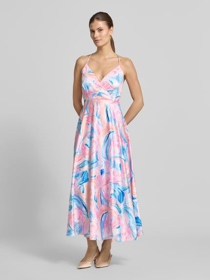 Frauenmodel trägt Cocktailkleid mit V-Ausschnitt und Spaghettiträgern von Jake*s Cocktail, Satin, A-Linie, bunt gemustert, Ganzkörperansicht von vorne