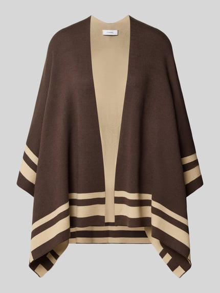 Produktfoto, Poncho aus Viskose-Mix mit Kontraststreifen von COMMA in Braun und Beige, offene Front, strukturierte Oberfläche, Rückenlänge 67 cm