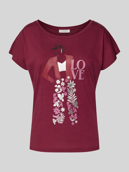 Produktfoto, T-Shirt mit Motiv-Print und Rundhalsausschnitt von Christian Berg Woman, bordeauxrot, florale Details, Baumwoll-Viskose-Mix, Regular Fit.