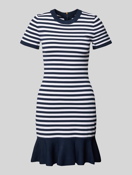 Produktfoto, T-Shirt-Kleid aus Viskose-Mix mit Rundhalsausschnitt von MICHAEL Michael Kors, Querstreifen in Dunkelblau-Weiß, Minikleid, körpernaher Schnitt, ausgestellter Rocksaum, glatte Textur, Rückseitiger Reißverschluss, Stretch-Anteil, kurze Ärmel