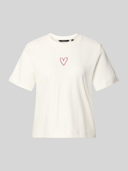 Produktfoto, Oversized T-Shirt aus reiner Baumwolle Modell 'SARA METTE' von Vero Moda in Unifarbe mit Herz-Motiv-Stitching, Rundhals, Kurzarm, Jersey-Struktur