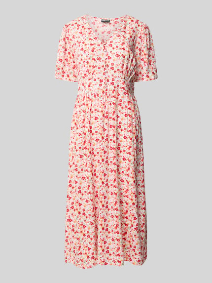 Productfoto, A-lijn midijurk van pure viscose model 'TALA' van Pieces, all-over bloemenprint, V-hals, korte mouwen, elastiek, recht zoom.