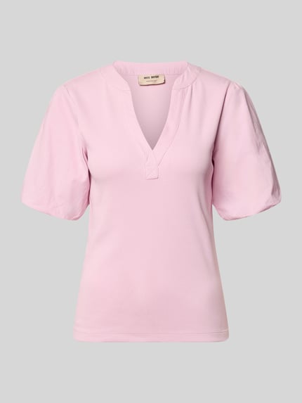 Produktfoto, T-Shirt mit Ballonärmeln Modell 'Jada' von MOS MOSH in Rosa, Baumwoll-Mix mit Stretch-Anteil, Feinripp, V-Ausschnitt, Körpernaher-Schnitt