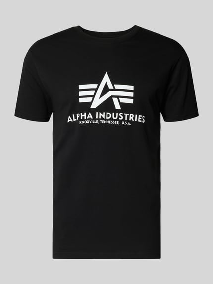 Produktfoto, schwarzes T-Shirt mit weißem Logo-Print, Rundhalsausschnitt, Herren T-Shirt mit Regular-Fit aus Reine Baumwolle von Alpha Industries