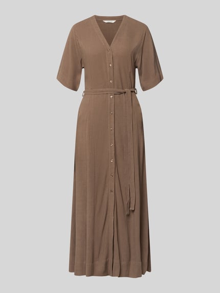 Produktfoto, Regular Fit Leinenkleid mit V-Ausschnitt Modell 'VIVA' von Selected Femme, Optik: Unifarben, Maxi-Länge, Knopfleiste, Bindegürtel, Ärmelform: Ohne, seitliche Eingrifftaschen, Material: Viskose-Leinen-Mix, glatte Textur, brauner Farbton