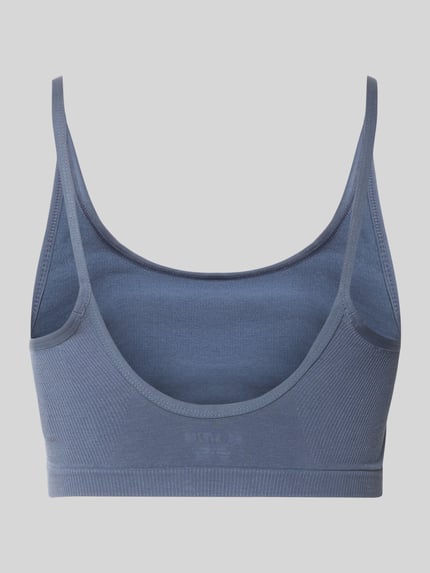 Produktfoto, Sport-BH aus Baumwoll-Mix von Under Armour in einfarbigem Blau mit glattem, weichem Stoff und gerippten Strukturen. Damen Sport-BH von Under Armour