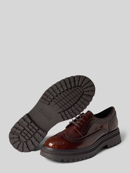 Productfoto, bruine veterschoenen met logodetail van Tamaris, glanzend leer, grove zool, Dames veterschoenen van Tamaris