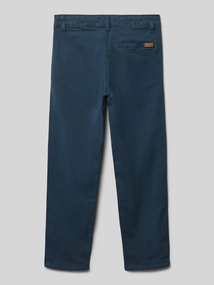 Produktfoto, Hose mit Gesäßtasche von Blue Seven aus dunkelblauem Baumwoll-Elasthan-Mix, Regular-Fit, Knopf-Reißverschluss, Eingrifftaschen, Bundweite 28 cm, Innenbeinlänge 50 cm bei Größe 116.