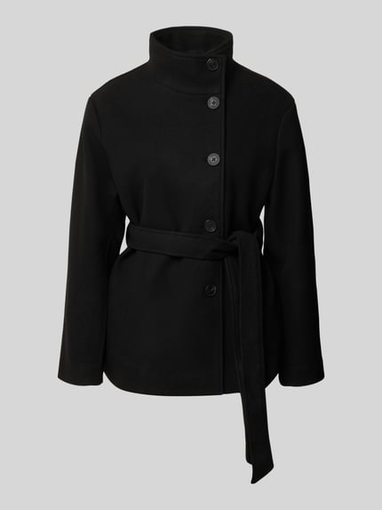 Produktfoto, Jacke mit Stehkragen und Bindegürtel von REVIEW in Schwarz, Material-Mix mit Viskose-Anteil, Knopfleiste und Bindegürtel