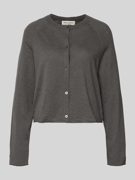 Produktfoto, Relaxed Fit Strickjacke aus Baumwoll-Leinen-Mix von Marc O'Polo, unifarben in Dunkelgrau, langarm, Rundhals, Knopfleiste