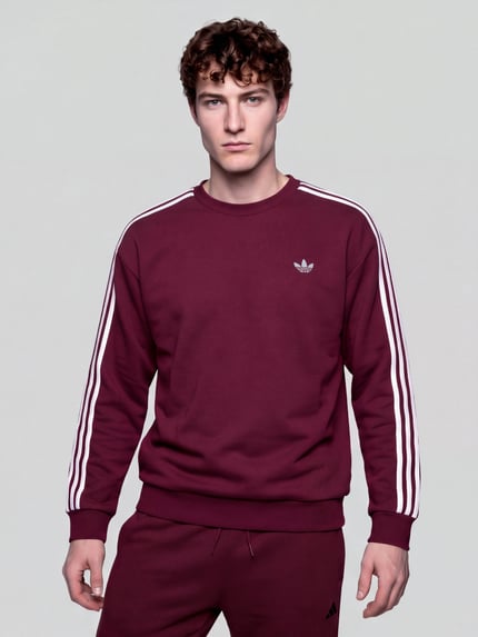 Männermodel trägt T-Shirt aus Leinen mit Kontraststreifen von Adidas Originals, bordeaux, Strukturmuster, weißer Logo-Print, Ganzkörperansicht von vorne