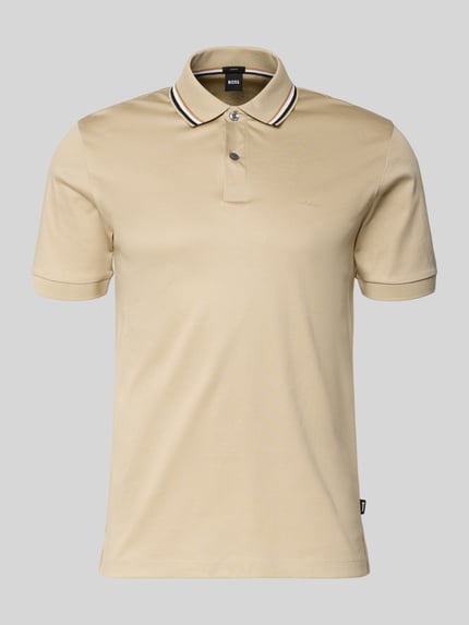 Produktfoto, Slim Fit Poloshirt aus reiner Baumwolle Modell 'PENROSE 38' von BOSS, efekt: jednolity kolor, krój slim fit, nadruk z logo, paski w kontrastowym kolorze, kołnierzyk polo, listwa guzikowa, krótki rękaw, prążkowane zakończenie rękawów, wykończenie z rozcięciami po bokach, materiał: bawełna